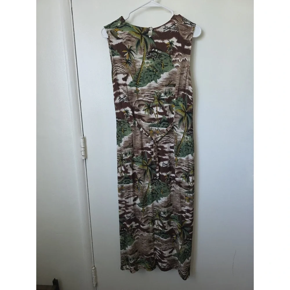 Vintage‎ Tropical Hawaiian Scenic Print Sleeveless Maxi Dress Brown Green Tan